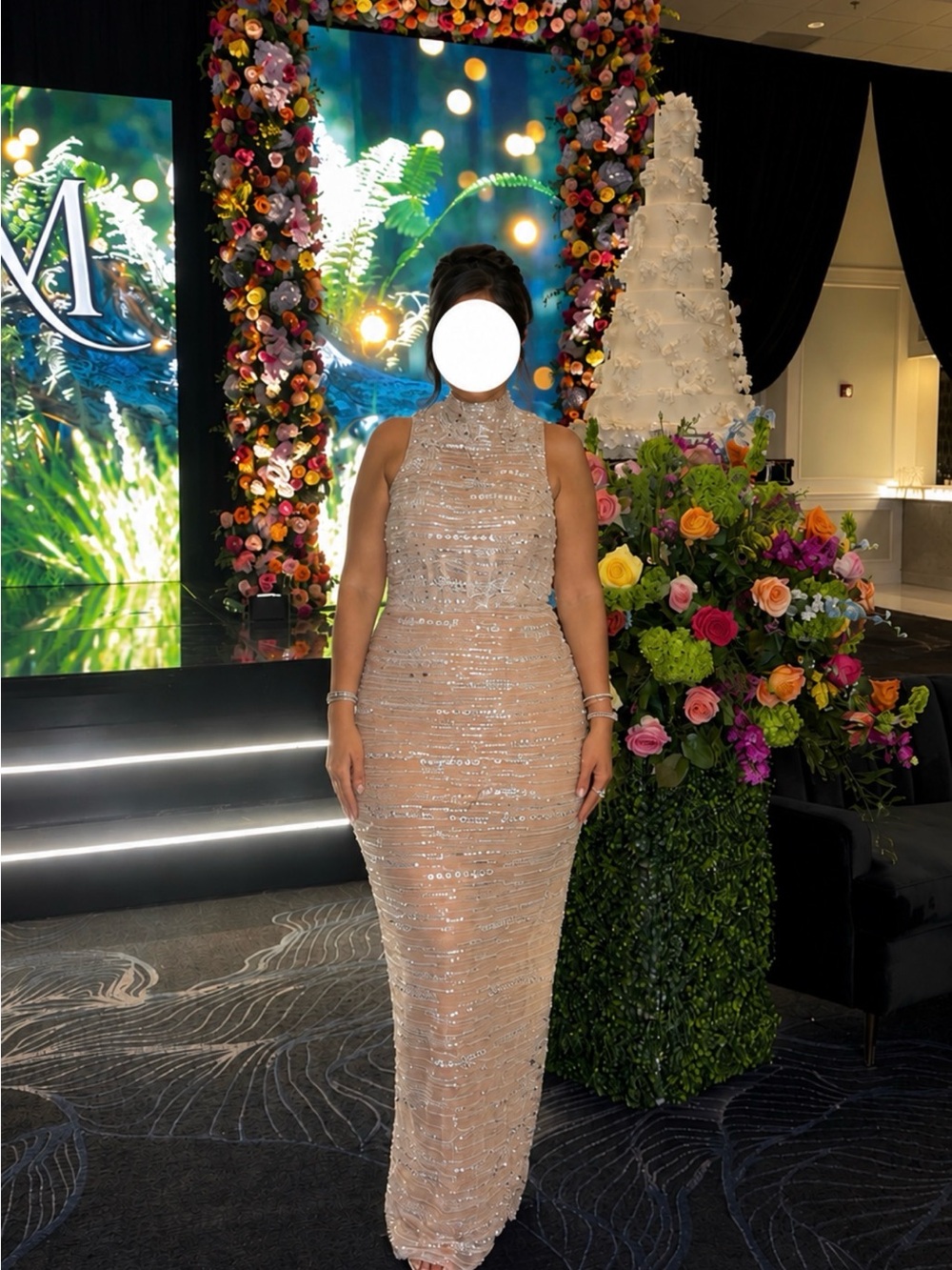 Nude Sequin High-Neck Maxi Dress